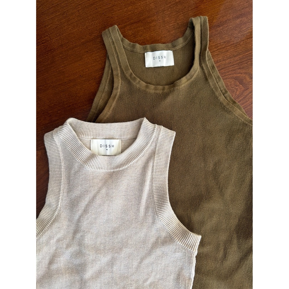 DISSH Ribbed Knit Tank Top Set Women Beige Olive Sleeveless Medium set of 2
